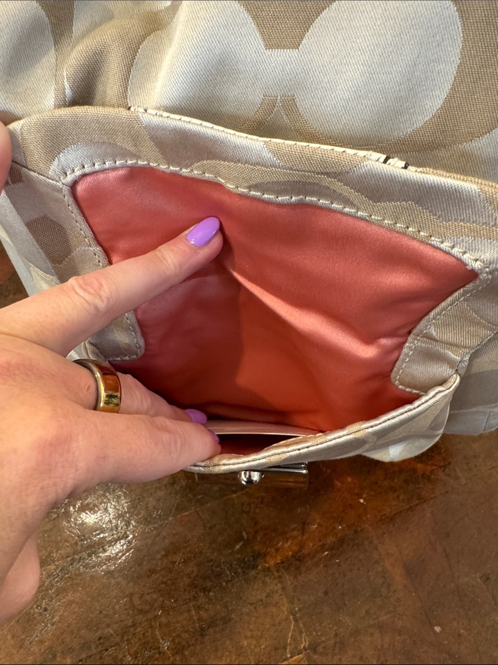 Coach Beige Signature Hobo Bag with Turn-Lock Pocket - Picture 4 of 16